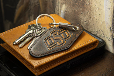 Oklahoma State Cowboys Collegiate Full Grain Leather Key Fob. Brown Burnished Embossed Keychain.
