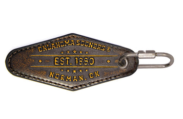 Oklahoma Sooners Collegiate Full Grain Leather Key Fob. Brown Burnished Keychain