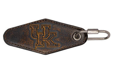 Kentucky Wildcats Collegiate Full Grain Leather Key Fob. Brown Burnished Embossed Keychain.