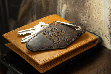 Kentucky Wildcats Collegiate Full Grain Leather Key Fob. Brown Burnished Embossed Keychain.