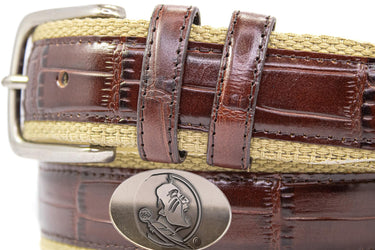 Florida State Seminoles Khaki Webbed Belt With Croc Leather Inlay | Collegiate Casual Game Day Belt