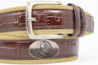 Florida State Seminoles Khaki Webbed Belt With Croc Leather Inlay | Collegiate Casual Game Day Belt