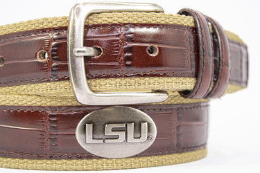 LSU Tigers Khaki Webbed Belt With Croc Leather Inlay | Collegiate Casual Game Day Belt