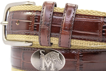 Memphis Tigers Khaki Webbed Belt With Croc Leather Inlay | Collegiate Casual Game Day Belt