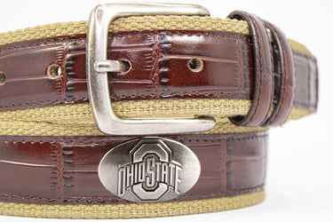 Ohio State Buckeyes Khaki Webbed Belt With Croc Leather Inlay | Collegiate Casual Game Day Belt