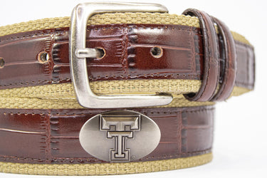 Texas Tech Red Raiders Khaki Webbed Belt With Croc Leather Inlay | Collegiate Casual Game Day Belt
