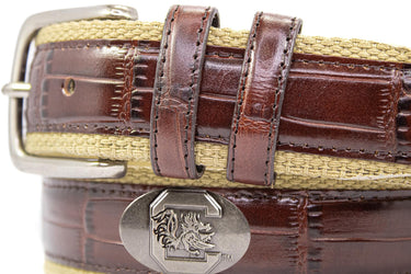 South Carolina Gamecocks Khaki Webbed Belt With Croc Leather Inlay | Collegiate Casual Game Day Belt