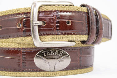 Texas Longhorns Khaki Webbed Belt With Croc Leather Inlay | Collegiate Casual Game Day Belt