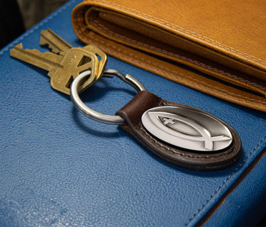 Jesus Fish Leather Keychain - Brown or Black Leather Key Ring - Gift for Him