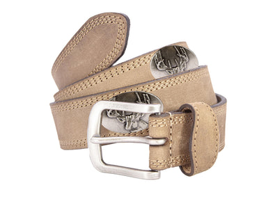 Buck Men's Leather Belt - Crazy-horse Finish With Silver Metal Emblem - Outdoor Rugged Belt.