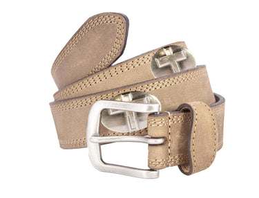 Cross Men's Leather Belt - Crazy-horse Finish With Silver Metal Emblem - Outdoor Rugged Belt.