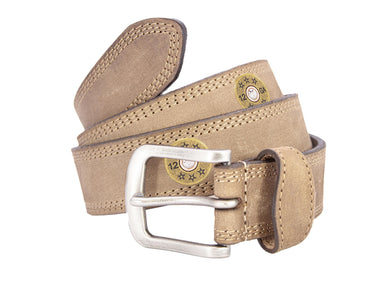 Shotshell Men's Leather Belt - Crazy-horse Finish With Silver Metal Emblem - Outdoor Rugged Belt.