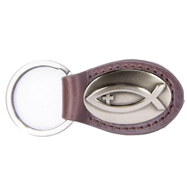 Jesus Fish Leather Keychain - Brown or Black Leather Key Ring - Gift for Him