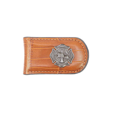 Maltese Cross Leather Magnetic Money Clip Wallet - Slim Front Pocket Silver Emblem - 6 Colors