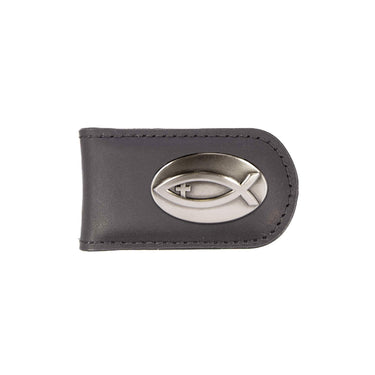 Jesus Fish Leather Magnetic Money Clip Wallet - Slim Front Pocket Silver Emblem - 6 Colors