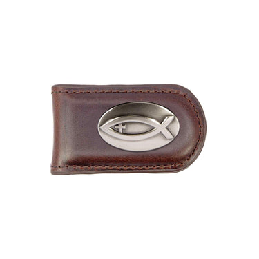 Jesus Fish Leather Magnetic Money Clip Wallet - Slim Front Pocket Silver Emblem - 6 Colors