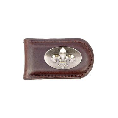 Fleur De Lis Leather Magnetic Money Clip Wallet - Slim Front Pocket Silver Emblem - 6 Colors