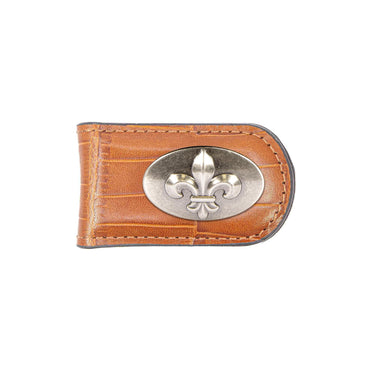 Fleur De Lis Leather Magnetic Money Clip Wallet - Slim Front Pocket Silver Emblem - 6 Colors