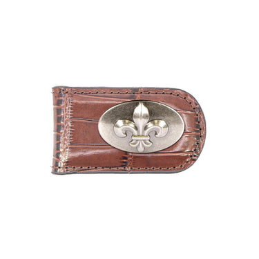 Fleur De Lis Leather Magnetic Money Clip Wallet - Slim Front Pocket Silver Emblem - 6 Colors