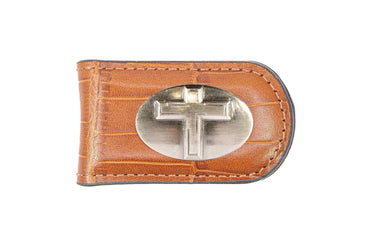 Christian Cross Leather Magnetic Money Clip Wallet - Slim Front Pocket Silver Emblem - 6 Colors