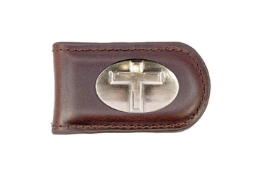Christian Cross Leather Magnetic Money Clip Wallet - Slim Front Pocket Silver Emblem - 6 Colors