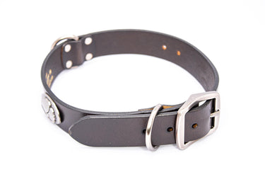 Cotton Boll Brown Leather Dog Collar - Antique Silver Logo
