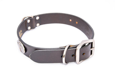 Christian Cross Brown Leather Dog Collar - Antique Silver Logo