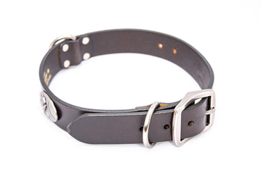 Dolphin Mahi Brown Leather Dog Collar - Antique Silver Logo