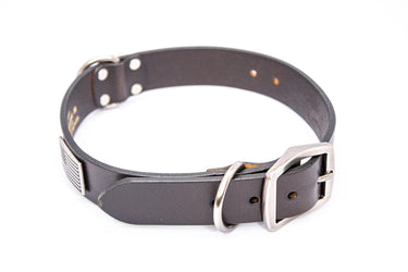 American Flag Brown Leather Dog Collar - Antique Silver Logo