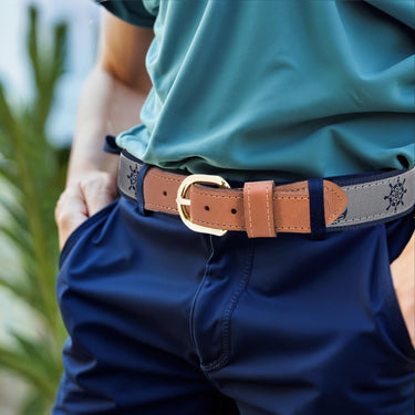 Anchor Wheel Woven Gray Ribbon Belt - Navy Webbing Nautical Style - Boating Gift