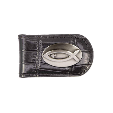 Jesus Fish Leather Magnetic Money Clip Wallet - Slim Front Pocket Silver Emblem - 6 Colors