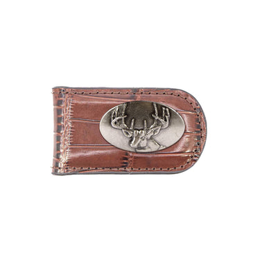 Buck Leather Magnetic Money Clip Wallet - Slim Front Pocket Silver Emblem - 6 Colors