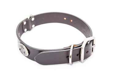 Anchor Brown Leather Dog Collar - Antique Silver Logo