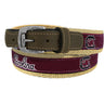 South Carolina Gamecocks Preppy Pinstripe Ribbon Belt with Khaki Webbing and Brown Leather Tabs