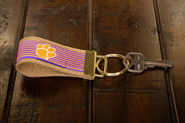 Clemson Tigers Preppy Pinstripe Ribbon Keychain with Khaki Webbing and Brass Hardware