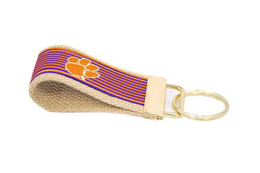 Clemson Tigers Preppy Pinstripe Ribbon Keychain with Khaki Webbing and Brass Hardware