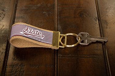 Mississippi State Bulldogs Preppy Pinstripe Ribbon Keychain with Khaki Webbing and Brass Hardware