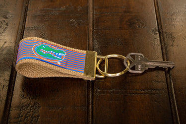 Florida Gators Preppy Pinstripe Ribbon Keychain with Khaki Webbing and Brass Hardware