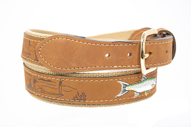 Tarpon Embroidered Nubuck Leather Belt. Tan Full Grain Leather Tabs, Solid Brass Buckle and Cotton Webbing.