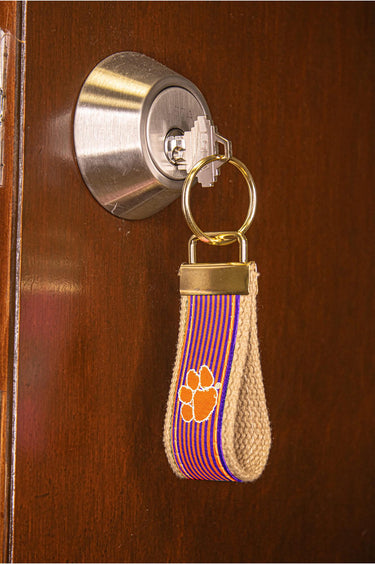 Clemson Tigers Preppy Pinstripe Ribbon Keychain with Khaki Webbing and Brass Hardware