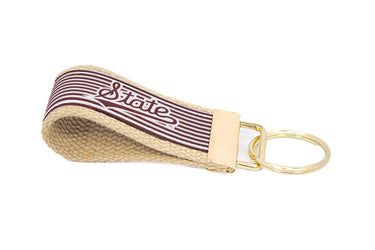 Mississippi State Bulldogs Preppy Pinstripe Ribbon Keychain with Khaki Webbing and Brass Hardware