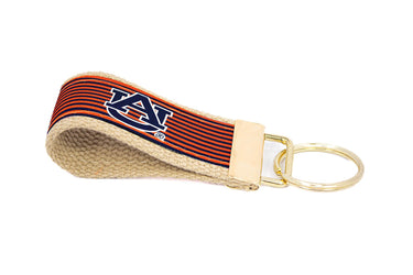 Auburn Tigers Preppy Pinstripe Ribbon Keychain with Khaki Webbing and Brass Hardware