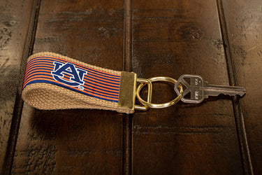 Auburn Tigers Preppy Pinstripe Ribbon Keychain with Khaki Webbing and Brass Hardware