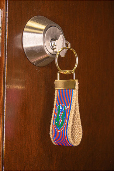 Florida Gators Preppy Pinstripe Ribbon Keychain with Khaki Webbing and Brass Hardware