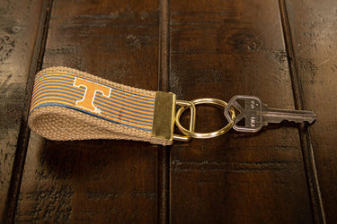 Tennessee Vols Preppy Pinstripe Ribbon Keychain with Khaki Webbing and Brass Hardware