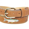 Tarpon Embroidered Nubuck Leather Belt. Tan Full Grain Leather Tabs, Solid Brass Buckle and Cotton Webbing.