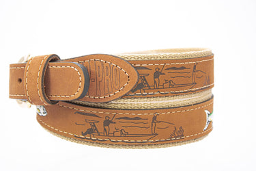 Tarpon Embroidered Nubuck Leather Belt. Tan Full Grain Leather Tabs, Solid Brass Buckle and Cotton Webbing.