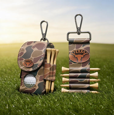 Texas Longhorns Leather Golf Ball and Tee Holder - Brown or Camo Golf Bag Clip
