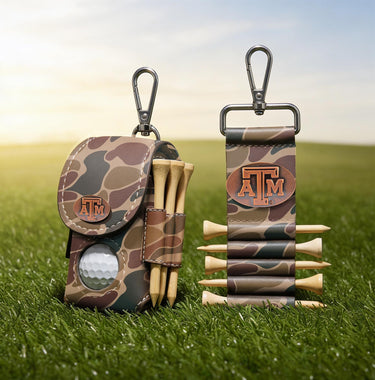 Texas A&M Aggies Leather Golf Ball and Tee Holder - Brown or Camo Golf Bag Clip