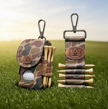Auburn Tigers Leather Golf Ball and Tee Holder - Brown or Camo Golf Bag Clip